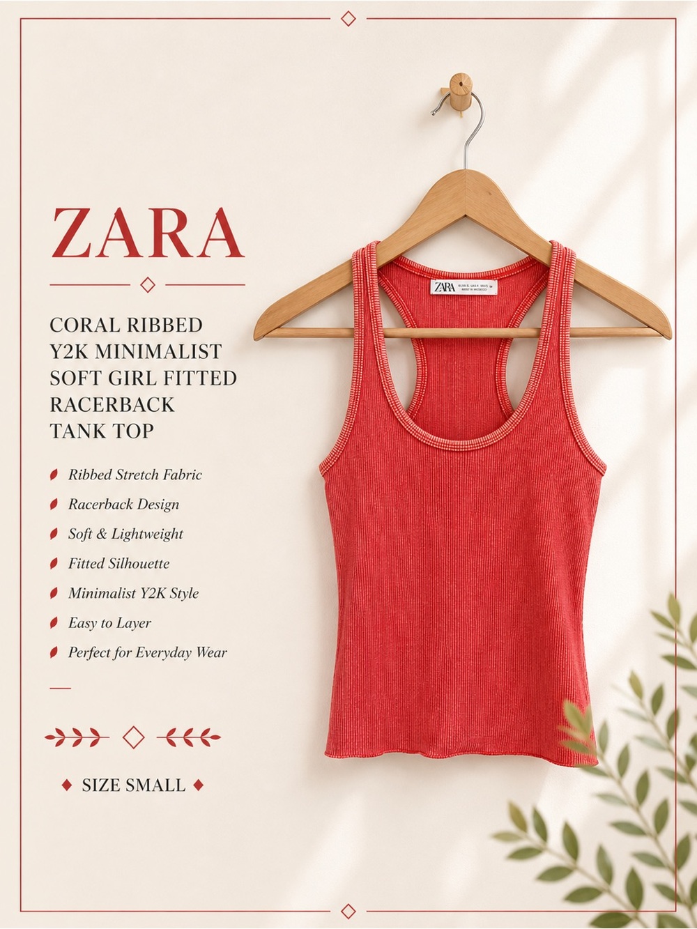Zara Coral Ribbed Y2K Minimalist Soft Girl Fitted Racerback Tank Top Small